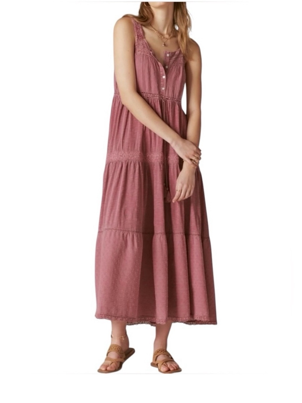 Lucky Brand Sleeveless Drawstring Waist Lace Tiered Maxi Dress Rose Size Small